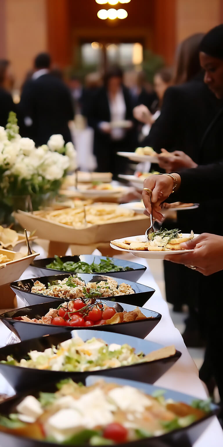 Guests serving food from a gourmet buffet at a professional corporate event
