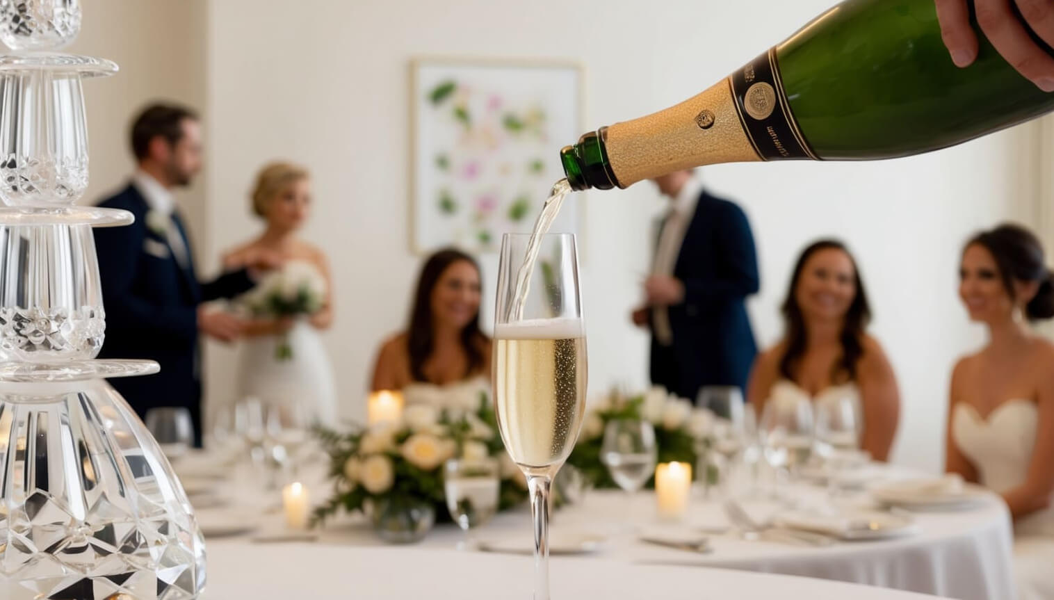 Champagne being poured into a flute at a wedding reception with the bridal party smiling in the background.