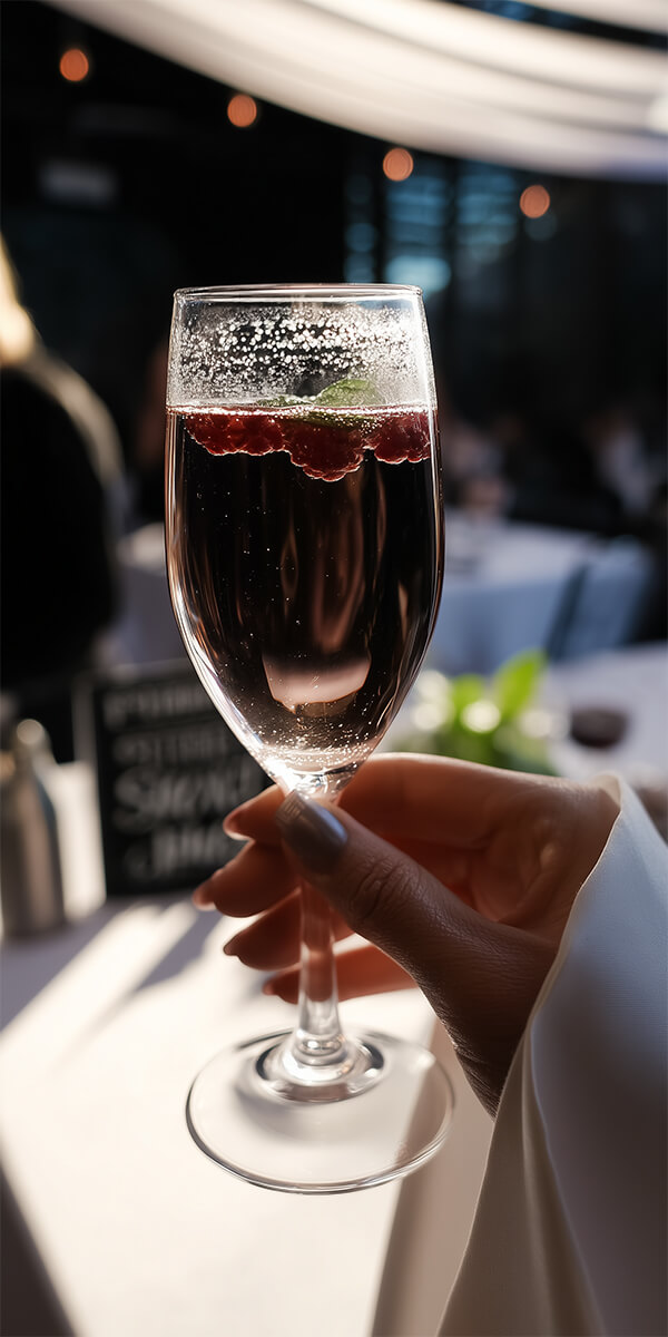 Close-up of a hand holding a champagne flute with berries at an elegant indoor event