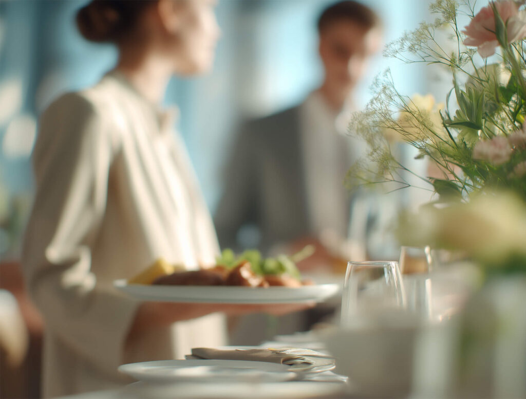 Elegant wedding guest being served gourmet cuisine at a luxury reception. Luxury Catering Service for Weddings