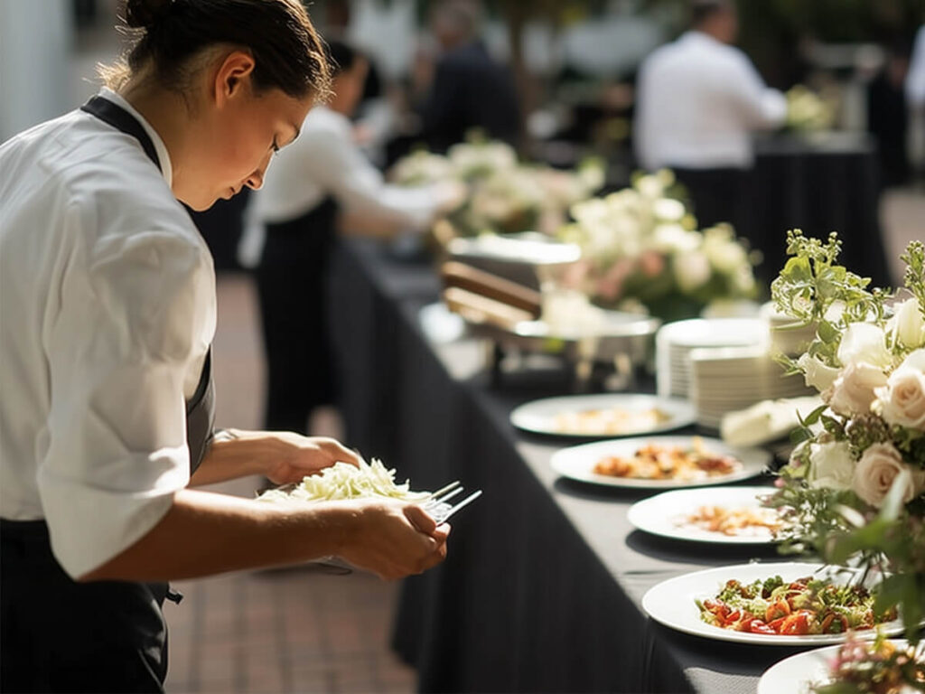 Catering chef preparing a plated dish at an elegant outdoor event setup with floral decor