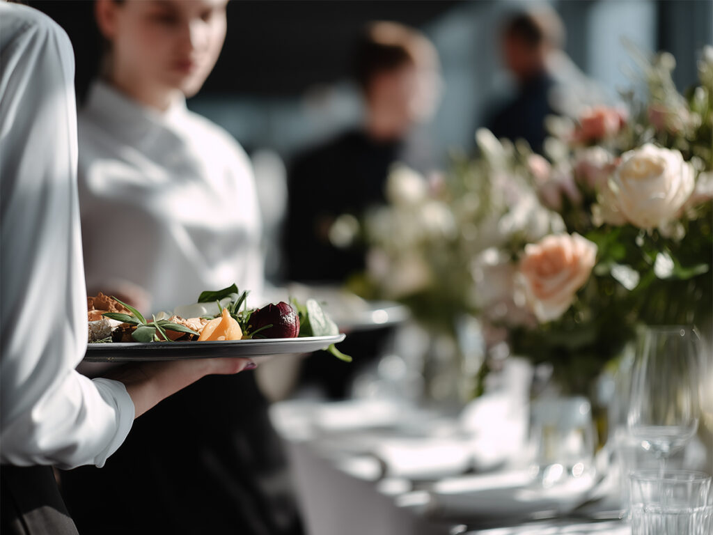 Server presenting an elegant plated dish at a beautifully set event table with floral arrangements