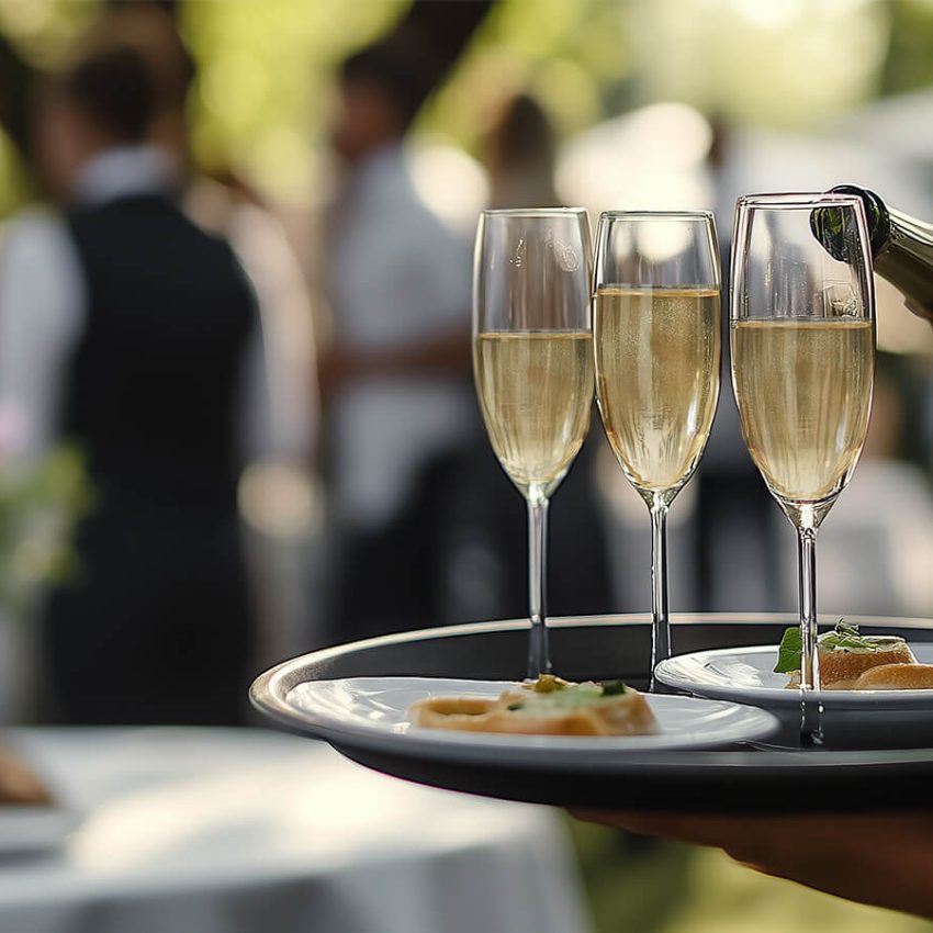 Waiter serving champagne glasses at an elegant outdoor social event with professional catering.