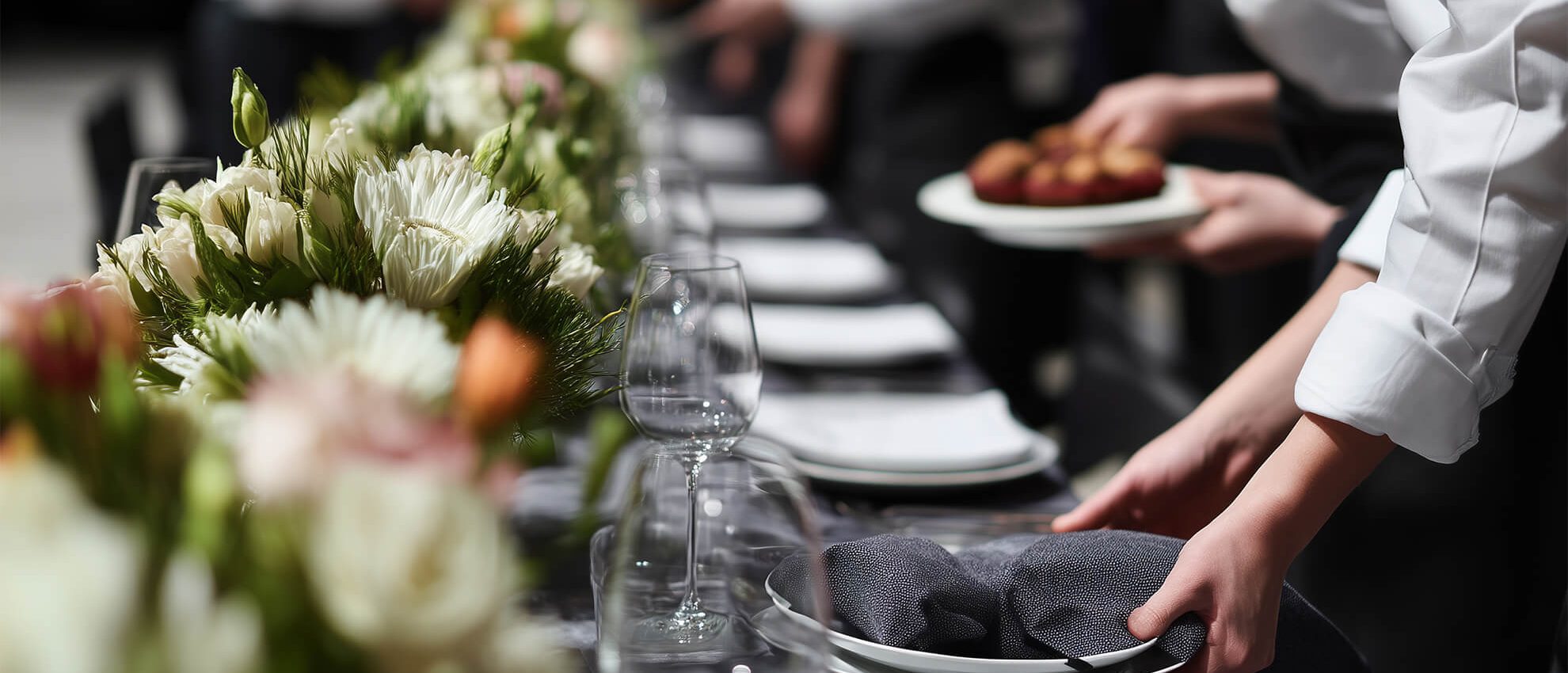 Server setting a beautifully decorated table with floral arrangements and glassware at an outdoor catered event